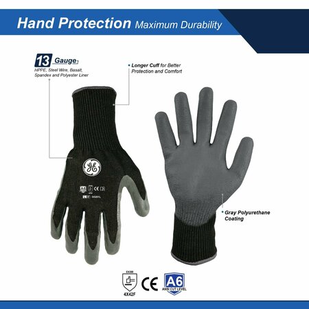 Ge Cut Resistant Gloves, 13 GA Black/Gray, 1Pair, L GG201LC